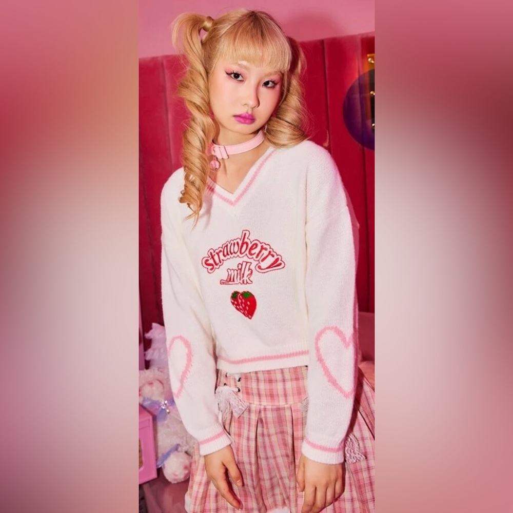 Romwe Strawberry Milk Coquette Sweater 🍓 Kawaii Soft Girl Pink Aesthetic 💕‎